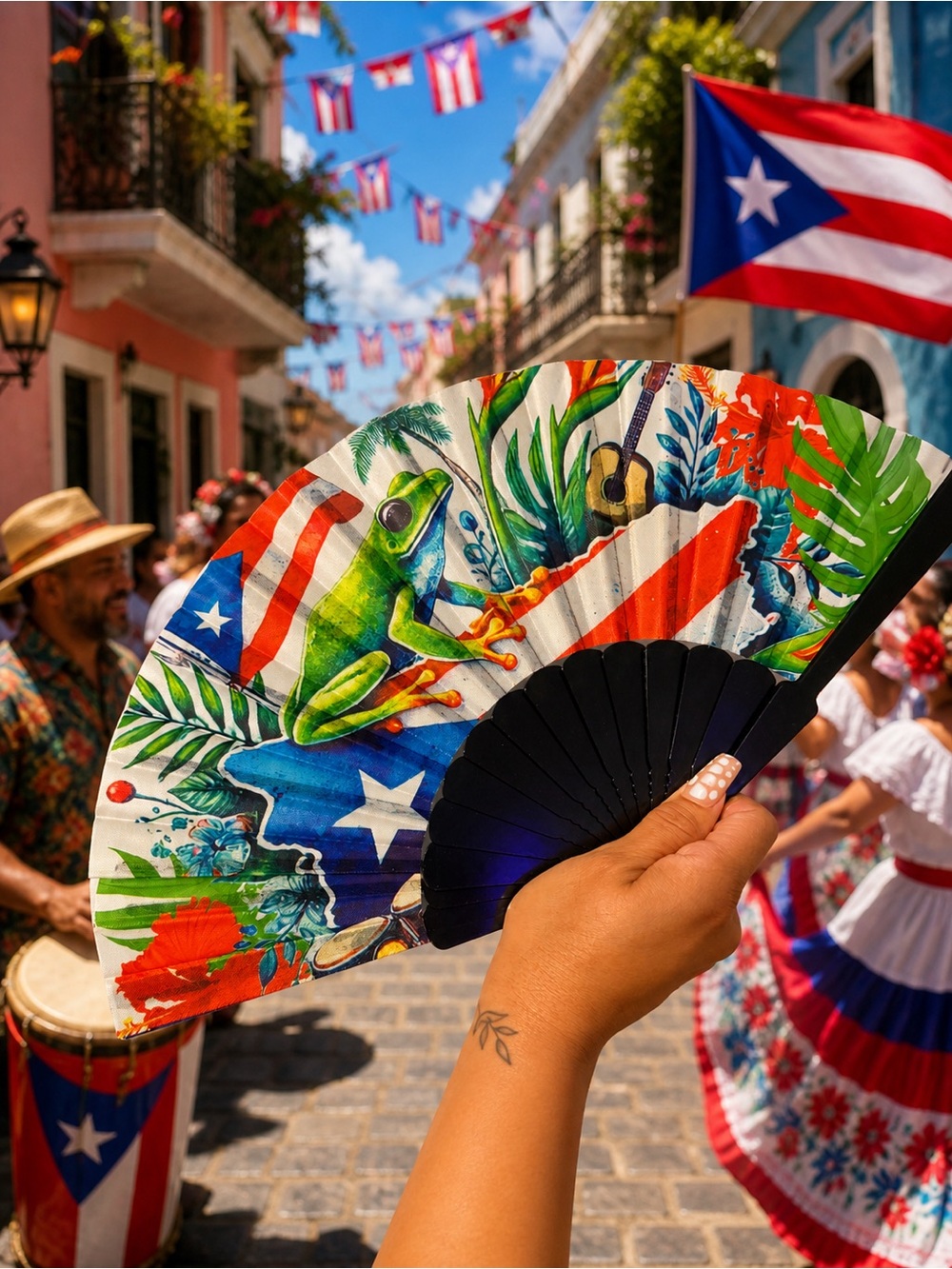 Handheld Decorative Folding Fan with Tropical Puerto Rican Design